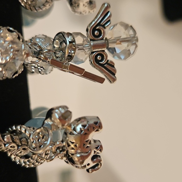 3 Silvertone & Seafoam Glass Beads & Charms Stretch Bracelets - Picture 7 of 13